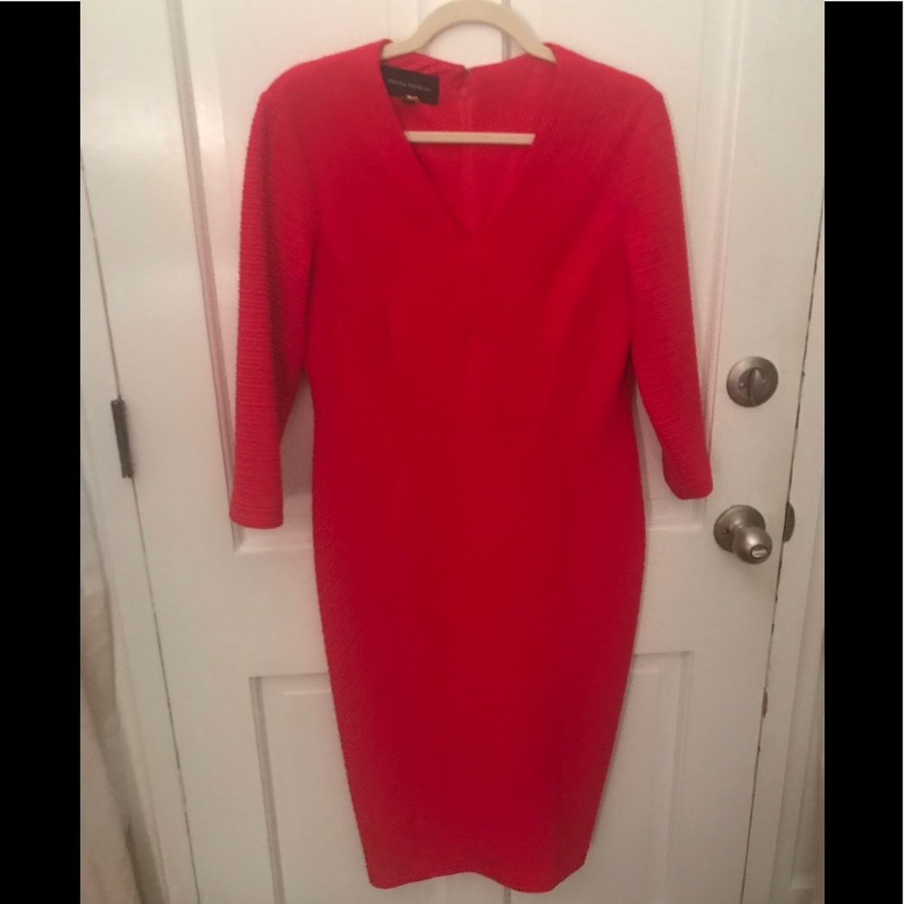 Bold bright red textured sheath dress, elegant 12